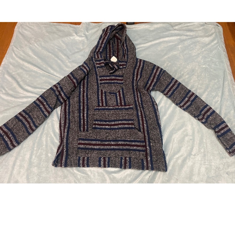 Franks Textiles Baja Hoodie Woven Striped Pullover Grey Blue Burgundy Adult L